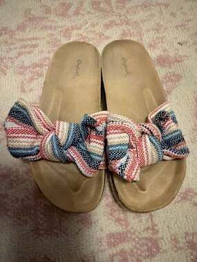 Qupid Women's Multicolor Striped Bow Slide Sandals